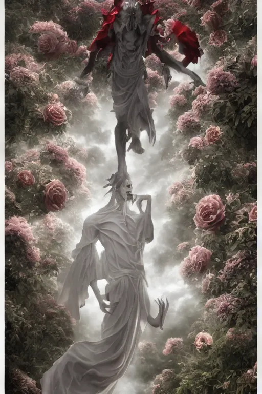 Image similar to Surreal Shinigami of Death Floating in the air, in the middle of a garden of white roses and Dhalias, photo realistic, insanely detailed, mist, trending on artstation, golden ratio, ultra super good realistic 3D render by Gerald Brom