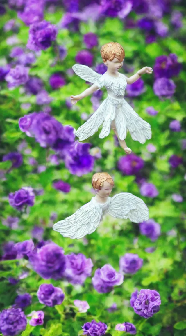 Prompt: tiny angel in a garden, hyper detailed, sharp focus, bokeh, unreal engine, ray tracing, cute, fantasy, sci fi, purple flowers, blue flowers, violet flowers, glowing flowers, tiny, small, hyper realistic, sky, spinning rings with eyes