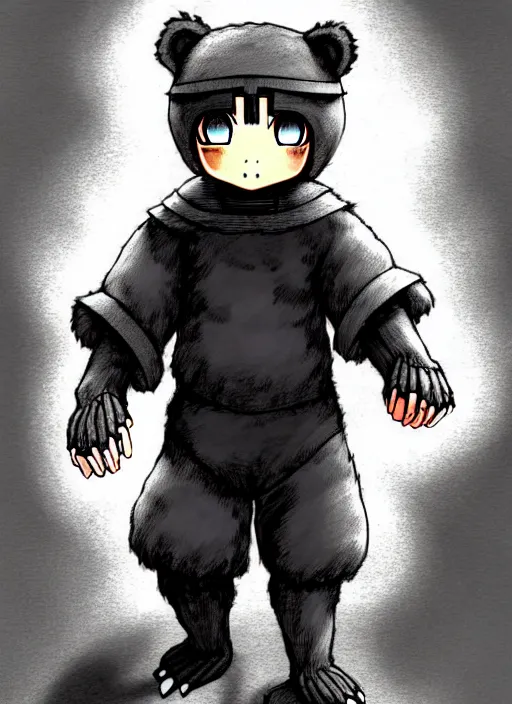 Image similar to beautiful little boy wearing an cyborg bear suit, artwork in kentaro miura and made in abyss and rosdraws, smooth, beautiful lightness, anatomically correct, trending on pixiv, forest