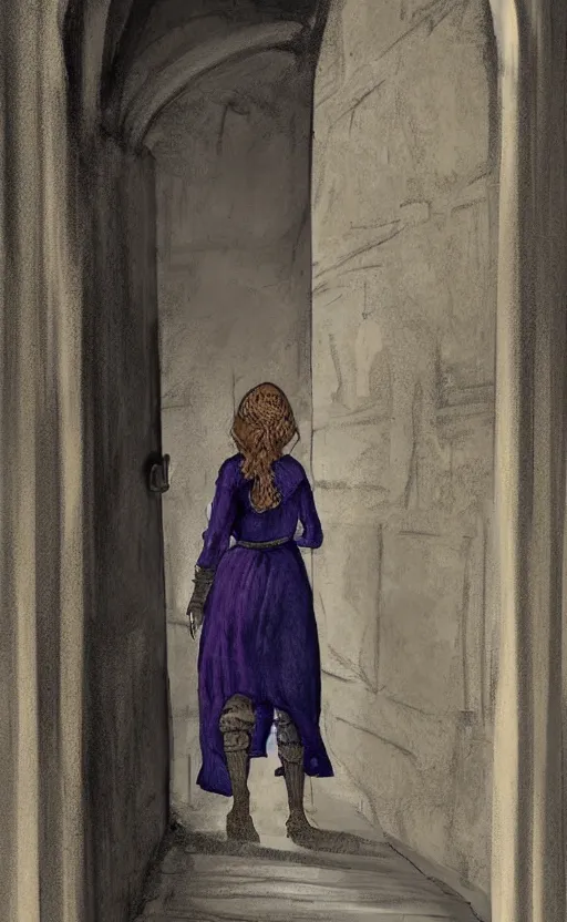 Prompt: medieval servant girl walking in castle hallway, about to enter doorframe, half turned around, full body, ultra realistic, digital painting