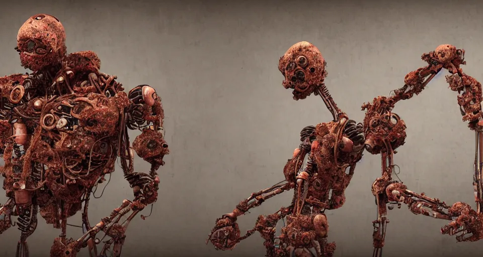 Image similar to Techno-biological rusty robot geisha consisting of tumors, veins, bones, kidneys, wires. Biopunk, body-horror, high detail, photorealism, full length view, very rust, concept art, octane render, 16k, 8k