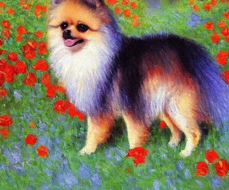 Image similar to pomeranian, cute, monet, oil painting