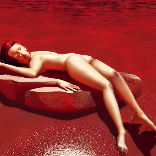 Prompt: Bella Hadid full body laying in a blood red pool of water between a golden mirror frame, outside is space and inside the mirror frame is a beautiful landscape., physically accurate, dynamic lighting, intricate, elegant, highly detailed, digital painting, artstation, HR GIGER, Hieronymus Bosch, Francis Bacon, concept art, smooth, sharp focus, illustration, art by artgerm and greg rutkowski and alphonse mucha