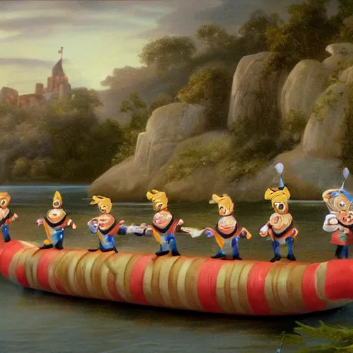 Prompt: donald dwarfs carrying a large party sub across a river,