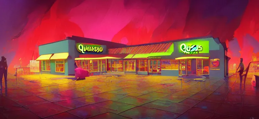 Prompt: beautiful masterpiece painting of a quiznos sandwich shop in a future radioactive glowing swamp, cryogenic day spa treatment, grunge cyberpunk, by Remedios Varo and Anato Finnstark and Greg Rutkowski, dayglo pink, dayglo blue, by Craig Mullins, ilya kuvshinov, krenz cushart, artgerm, 8k, trending on ArtStation