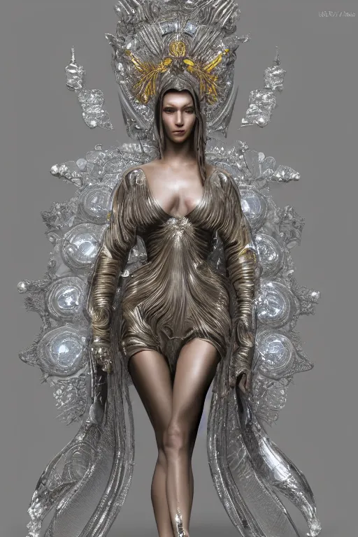 Prompt: a portrait of a beautiful ancient alien woman goddess bella hadid deity standing in iris van herpen dress in diamonds and fractals in style of alphonse mucha art nuvo dmt trending on artstation made in unreal engine 4