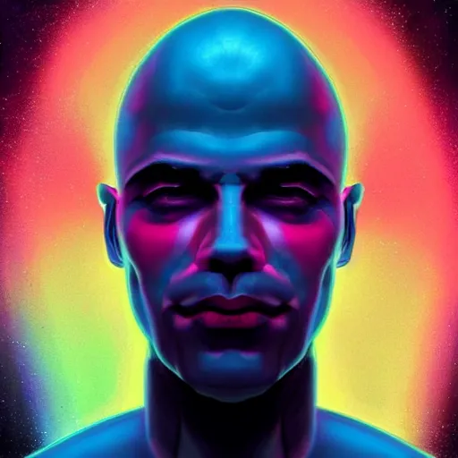 Image similar to portrait of a bald man, synthwave, universe background, symmetrical, artstation