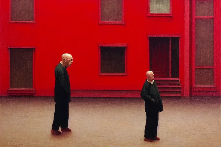 Image similar to only with red, a red old man try to sell a portrait, crowd cheering, in a city square, in the style of beksinski, parts by edward hopper, parts by rodcenko, parts by yue minjun, intricate and epic composition, red by caravaggio, insanely quality, highly detailed, masterpiece, red light, artstation, 4 k