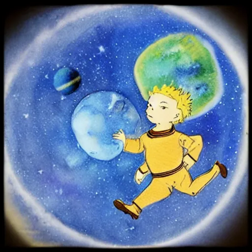 Image similar to the little prince on a little crystal planet floating in space, watercolors by antoine de saint exupery