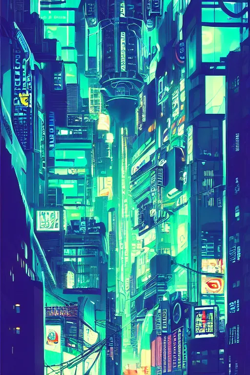Prompt: cyberpunk buildings with a flight vehicle glowing in the sky, neon sign, bottom view ， bladerunner, by tomer hanuka