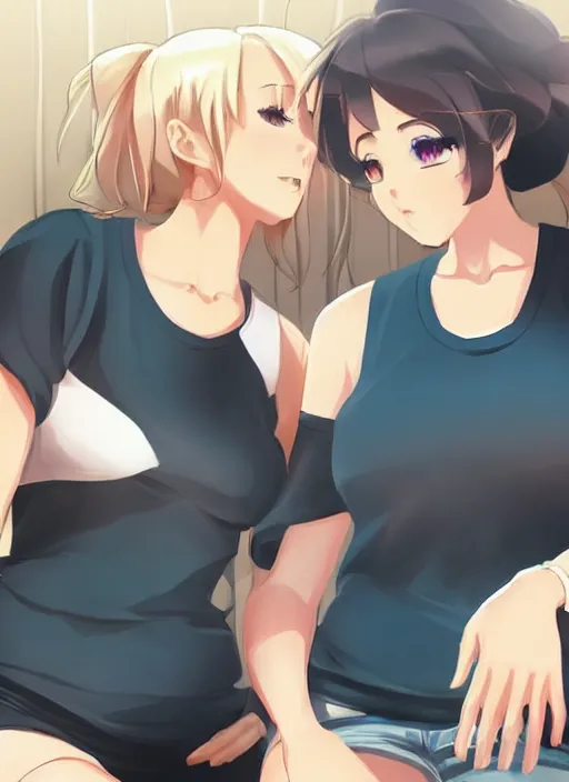 Image similar to two beautiful mothers sitting across from each other, tank tops, gorgeous faces, thick lines, cinematic lighting, detailed anime art