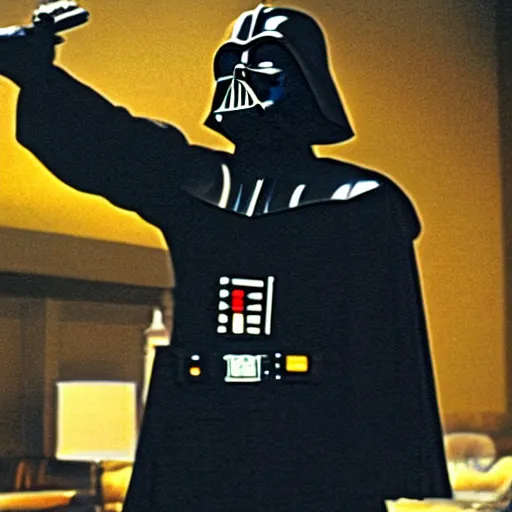 Image similar to film still of darth vader in pulp fiction.