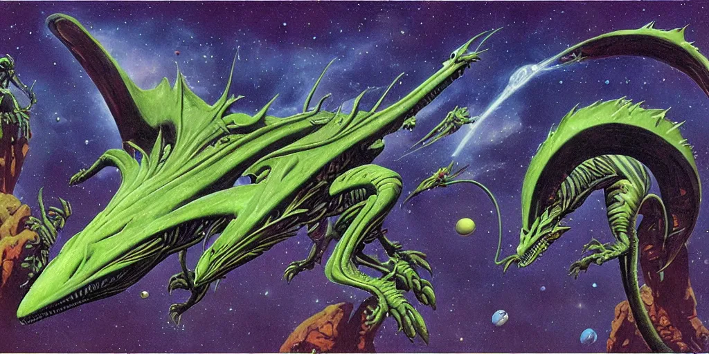 Prompt: alien space dragon by Roger Dean art