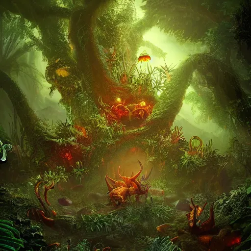 Image similar to Intricate detailed illustration, demonic and evil woodland creatures in a lush tropical jungle, 🍄 , 🌱, cinematic lighting, by Philip Hood, wide angle, volumetric light scattering, 8k, artstation, concept art,