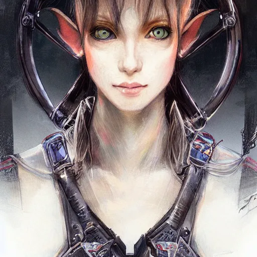 Image similar to portrait of an elf girl by ayami kojima, she is about 2 0 years old, mixture between british and japanese and she is wearing a modern tactical gear, scifi, highly detailed portrait, digital painting, artstation, concept art, smooth, sharp foccus ilustration, artstation hq