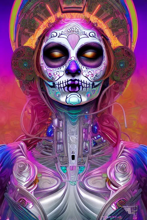 Image similar to ultra detailed female android deity, eyes closed, 8 k, flowerpunk, psychedelic vector art!!!, digital painting, sci - fi, fantasy, ( dia de los muertos ), asymmetrical,!! concept art, art by artgerm and giger and michael welan and alphonse mucha and loish and wlop