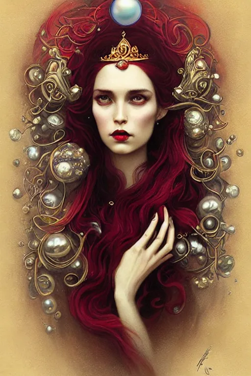 Image similar to Crown with iridescent pearls, ruby jewels, other worldly, art nouveau, by Anato Finnstark, Tom Bagshaw, Brom