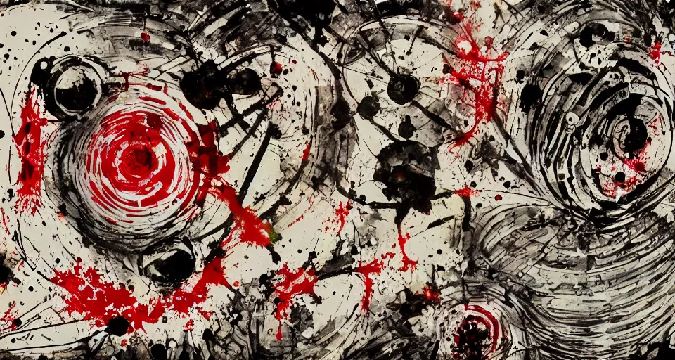 Prompt: category b film poster with trace of a shot in centre, ink painting with patterns, texture, blood splatter on the sides, focus render, painting, grainy tape, distortion, few details,