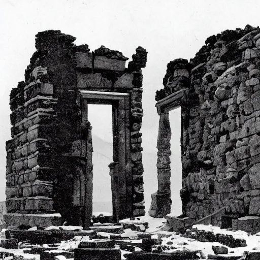 Image similar to black and white grainy newspaper photo from 1898 of an ancient ruined temple coming out of the snow in antarctica