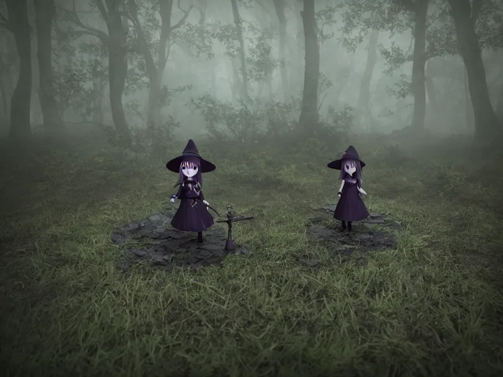 Image similar to cute gothic fumo plush witch girl ventures deep into the forbidden forest, malevolent glowing magical energy, ancient overgrown pagan monument summoning circle, volumetric fog and smoke, the bog of dark abyss, vray