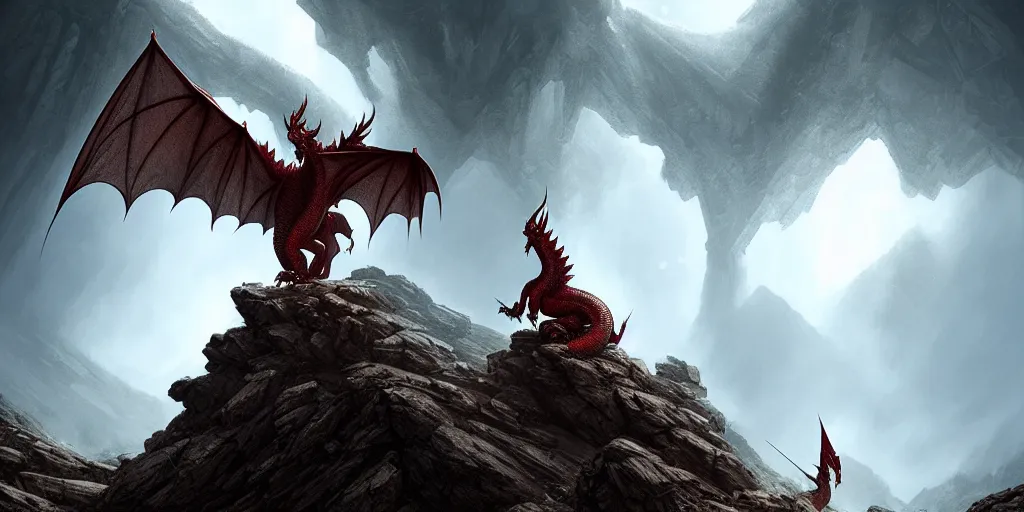 Image similar to red dragon standing on summit of a mountain, forest and valley below, ultra high definition, ultra detailed, symmetry, god rays, sci - fi, dark fantasy, by greg rutkowski