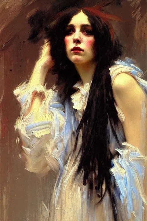 Image similar to impressionist brushstrokes!!!! solomon joseph solomon and richard schmid and jeremy lipking victorian loose genre loose painting full length portrait painting of a young beautiful woman punk rocker