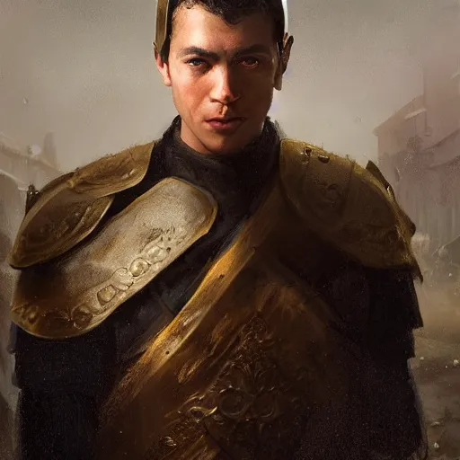 Prompt: Medium shot young idealistic and pious homely male Imperial soldier wearing a black tabard with light yellow accents over a brown gambeson and a {realistic steel helm!!!!!}, by Raymond Swanland Greg Rutkowski Lise Deharm, {perfect face}, {perfect eyes}, {uncertain look}, {on edge}