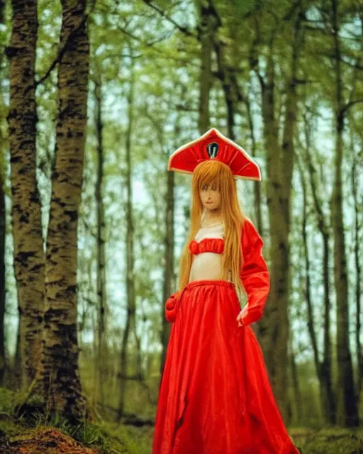 Image similar to dreamy tiktok iPhone photo of beautiful Asuka Langley from evangelion dressed as a slavic priestess in holy birch forest in spring, 35mm, cinematic, trending on Instagram, 8k, 4k