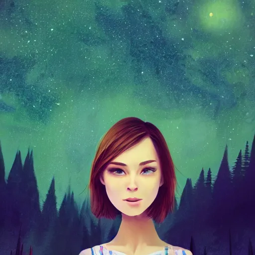 Prompt: an hd photo of a cute young woman with short brown hair and green eyes, beautiful trees in the background, night sky with stars and galaxies, trending on artstation
