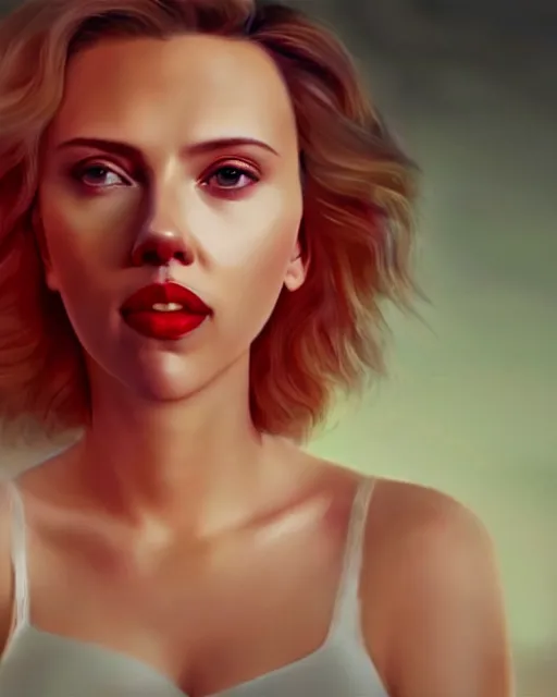 Prompt: highly detailed vfx portrait of scarlett johansson, red lipstick, global illumination, detailed and intricate environment