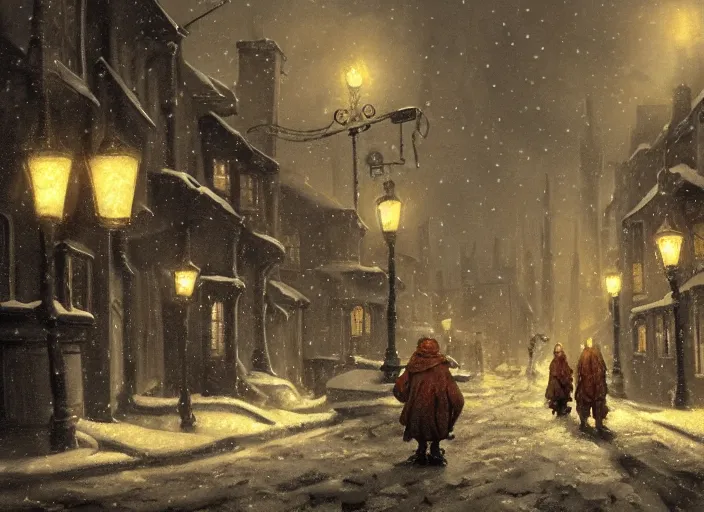 Prompt: a night scene of a snowy town street with cthulhu, a detailed matte painting by anton pieck, deviantart contest winner, fantasy art, concept art, official art, matte drawing