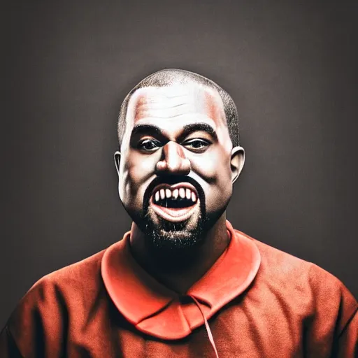 Prompt: a vintage studio portrait of kanye west clown with balloons behind him, black background, chiaroscuro lighting, camera focused on the face, close up portrait, shallow depth of field, 8 0 mm, f 1. 8