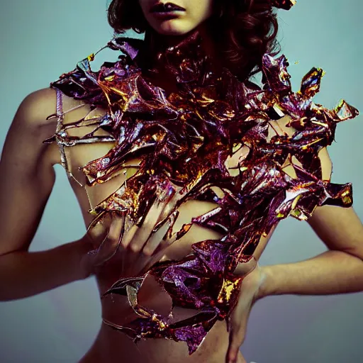 Prompt: flume and former cover art silk fabric skin big specular transparent glass shards of sharp glass cutting through skin skin shreds torn apart like fabric dress skin future bass girl un wrapped statue bust curls of hair petite nature lush body photography model body art futuristic branches material style of Jonathan Zawada, Thisset colours