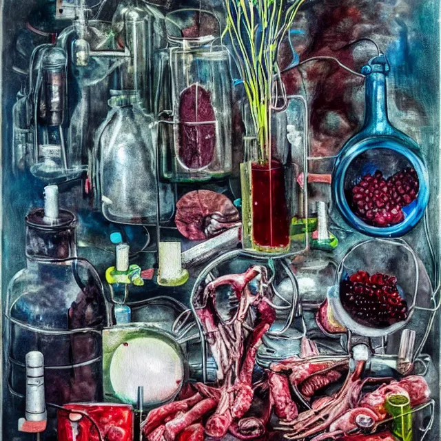 Prompt: eurasian female artist, surgical equipment, raw pork, berry juice drips, pancakes, berries, bones, electrical wires, battery, oxygen tank, scientific glassware, seedlings, bones, art supplies, candles dripping wax, neo - impressionist, surrealism, acrylic and spray paint and oilstick on canvas