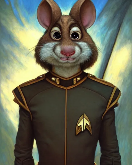 Image similar to painting of anthromorphic male rat in starfleet uniform, star trek, zootopia, fursona, furaffinity, 4 k, deviantart, furry art, very expressive detailed face, gaston bussiere, craig mullins, jc leyendecker, gustav klimt, artgerm, greg rutkowski, alphonse mucha