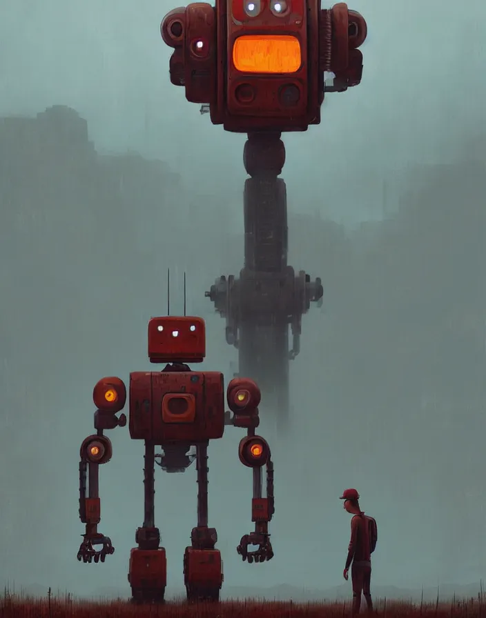 Prompt: giant rusty robot looking at a human, overcast, sci - fi digital painting by simon stalenhag