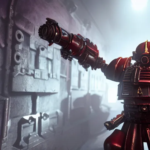 Image similar to very sad crying guardsman in a space hulk from warhammer 4 0 k darktide : : octane render, unreal engine 5, cinematic lighting