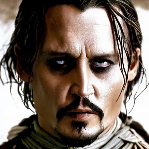 Image similar to symmetry!! photograph of johnny depp starring in the lord of the rings as aragorn, detailed - face!!, wide - angle!!, cinematic, intricate, elegant, highly detailed, film still, nikon, canon eos, zeiss lens, dramatic lighting, sharp - focus!!, photography!!