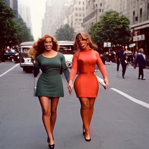 Prompt: 1960s photo of Mariah Carey and Beyonce walking down 5th Avenue