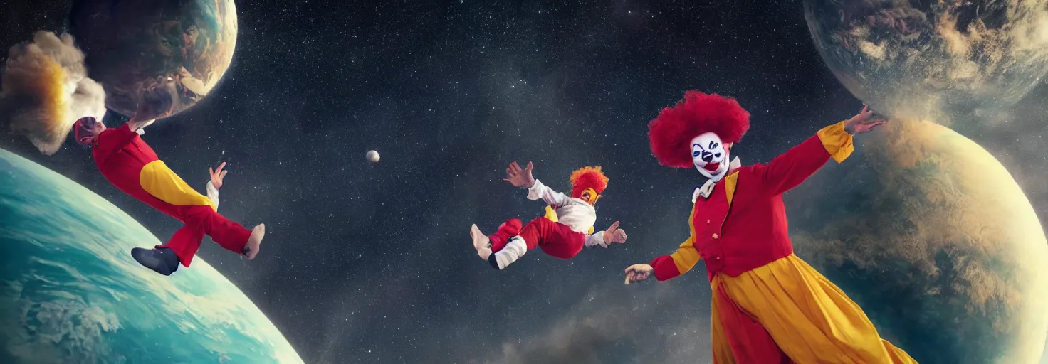 Prompt: A clown floating in space, planet Earth in the background, inspiring, epic, cinematic, award-winning