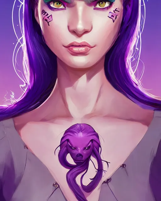 Image similar to beautiful female purple hair tattoo symmetrical face eyes full length fantasy art Video game icon, 2d game art gta5 cover , official fanart behance hd artstation by Jesper Ejsing, by RHADS, Makoto Shinkai and Lois van baarle, ilya kuvshinov, rossdraws