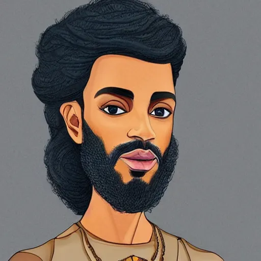 Prompt: prince with a beard and long hair, dark skin, Arabic, highly detailed, hyperrealistic