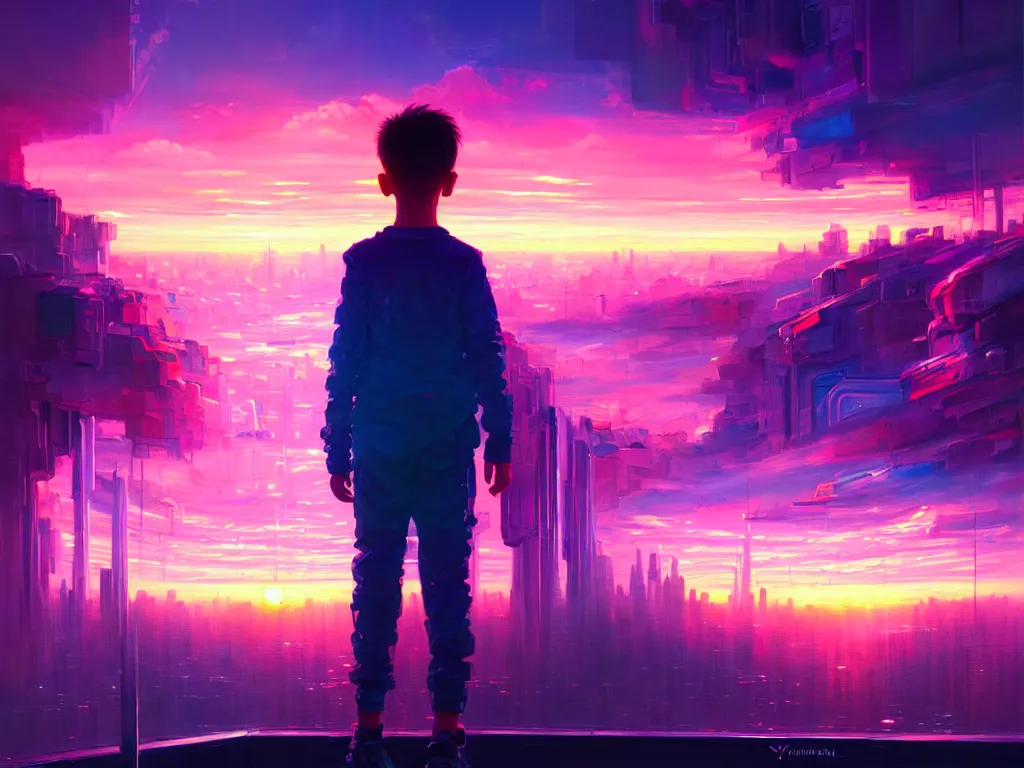 Image similar to a painting of a boy in a crystal box watching a colorful sunrise futuristic city surrounded by clouds, cyberpunk art by yoshitaka amano and alena aenami, cg society contest winner, retrofuturism, matte painting, apocalypse landscape, cityscape