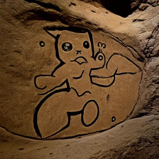 Prompt: human male in a cave drawing a petroglyph of a pikachu,