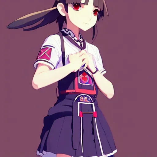 Image similar to a beautiful! boyish! natalie portman model, wearing catholic school girl outfit with mayan pattern and native style, jrpg aztec street fashion, gapmoe yandere grimdark, trending on pixiv fanbox, painted by greg rutkowski makoto shinkai takashi takeuchi studio ghibli, akihiko yoshida