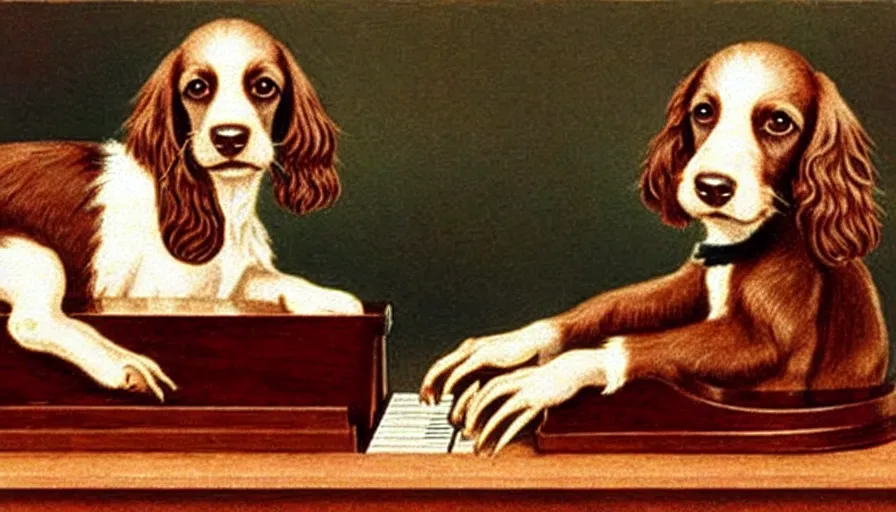 Prompt: a brown Spaniel with a white chest playing a small toy piano. Artwork, classic, famous, style of Cassius Marcellus Coolidge.