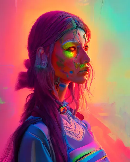 Image similar to colorful character portrait of a female hippie, set in the future 2 1 5 0 | highly detailed face | very intricate | symmetrical | cinematic lighting | award - winning | painted by mandy jurgens | pan futurism, dystopian, bold colors, cyberpunk, groovy vibe, anime aesthestic | featured on artstation