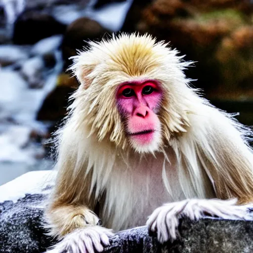 Prompt: An enlightened Japanese Snow Monkey during heavy though in a hot spring