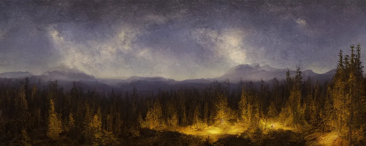 Image similar to a beautiful Landscape at midnight at the mountains viewed from above a forest, extreme long shot, wide angle, by Michael B Karas and Isaac Levitan, conceptart, illustration, high detailed 8K, realistic lighting