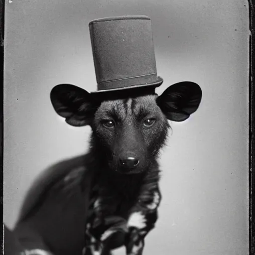 Image similar to A daguerreotype photograph of an African Wild Dog wearing a hat.